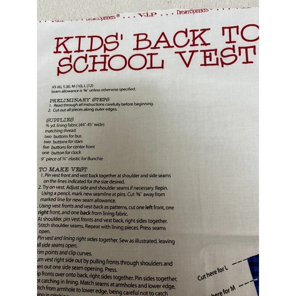 Vintage DreamSpinners Cranston Kids Back To School Vest Cut Sew Fabric Panel